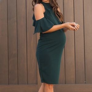 PinkBlush Cold Shoulder Ruffle Detail High Neck Fitted Maternity Dress